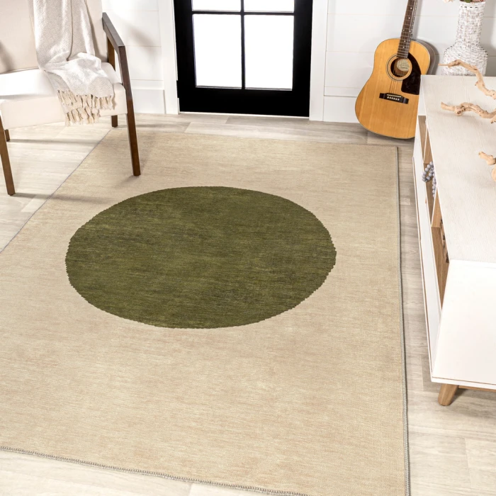 Cirkel Minimalist Geometric Dot Machine-Washable Cream/Green 5 ft. x 8 ft. Area Rug