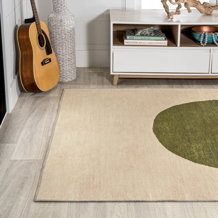 Cirkel Minimalist Geometric Dot Machine-Washable Cream/Green 5 ft. x 8 ft. Area Rug
