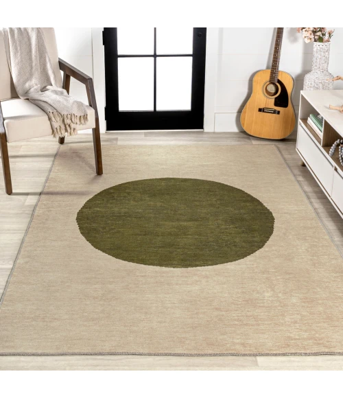 Cirkel Minimalist Geometric Dot Machine-Washable Cream/Green 3 ft. x 5 ft. Area Rug