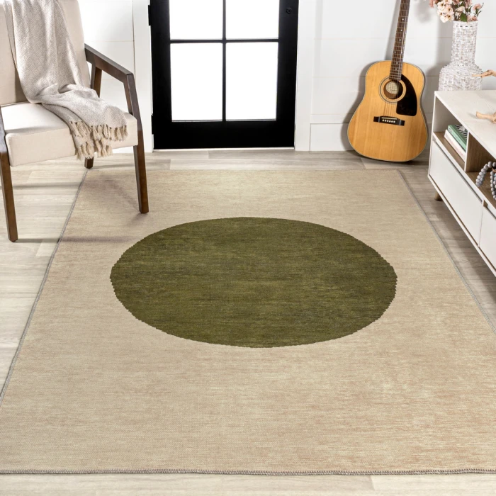 Cirkel Minimalist Geometric Dot Machine-Washable Cream/Green 5 ft. x 8 ft. Area Rug