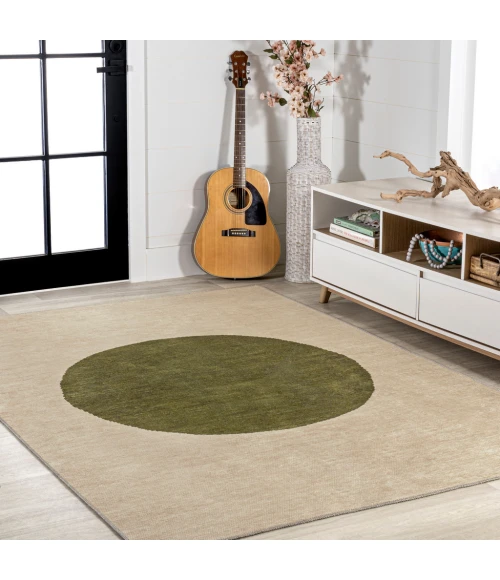 Cirkel Minimalist Geometric Dot Machine-Washable Cream/Green 3 ft. x 5 ft. Area Rug