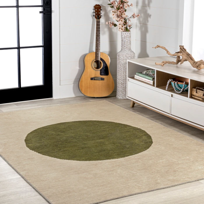 Cirkel Minimalist Geometric Dot Machine-Washable Cream/Green 5 ft. x 8 ft. Area Rug