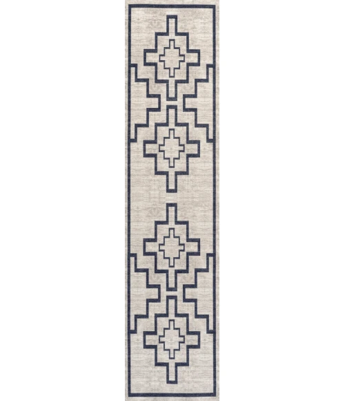 Ashkii Minimalist Medallion Machine-Washable Ivory/Dark Gray 2 ft. x 8 ft. Runner Rug