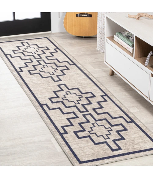 Ashkii Minimalist Medallion Machine-Washable Ivory/Dark Gray 2 ft. x 8 ft. Runner Rug