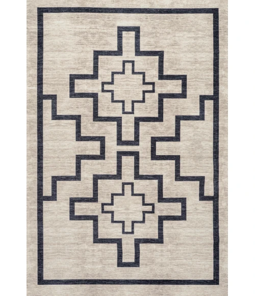 Ashkii Minimalist Medallion Machine-Washable Ivory/Dark Gray 3 ft. x 5 ft. Area Rug