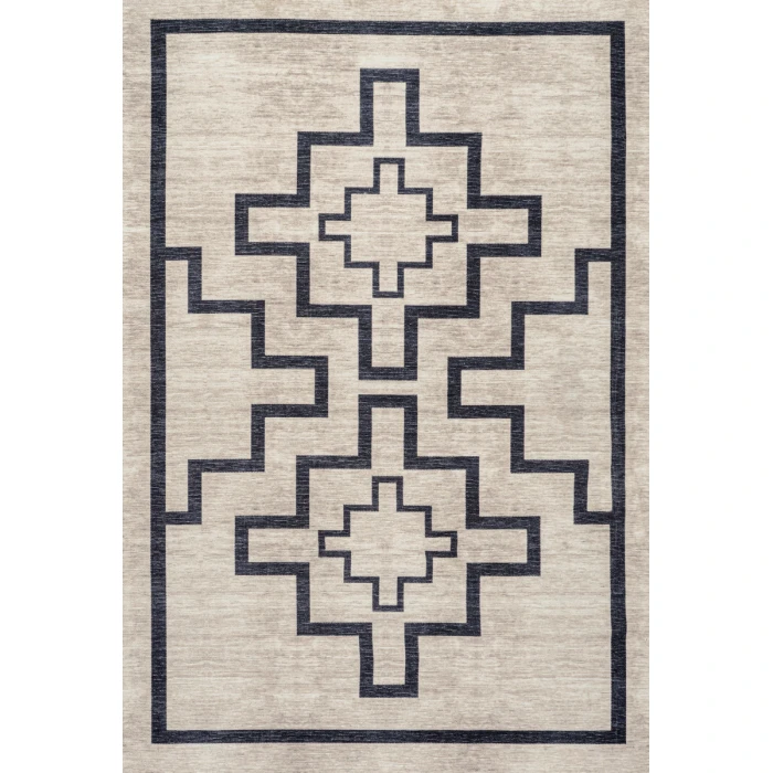 Ashkii Minimalist Medallion Machine-Washable Ivory/Dark Gray 5 ft. x 8 ft. Area Rug