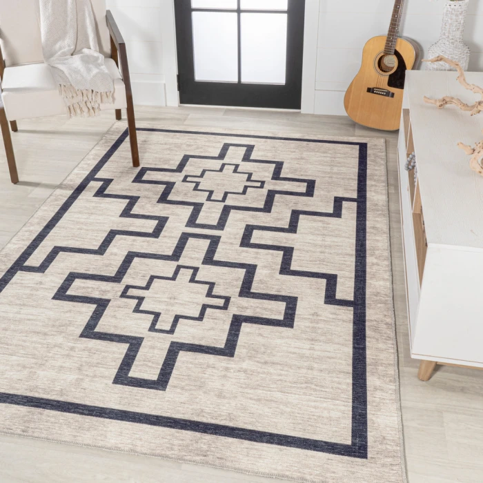 Ashkii Minimalist Medallion Machine-Washable Ivory/Dark Gray 5 ft. x 8 ft. Area Rug