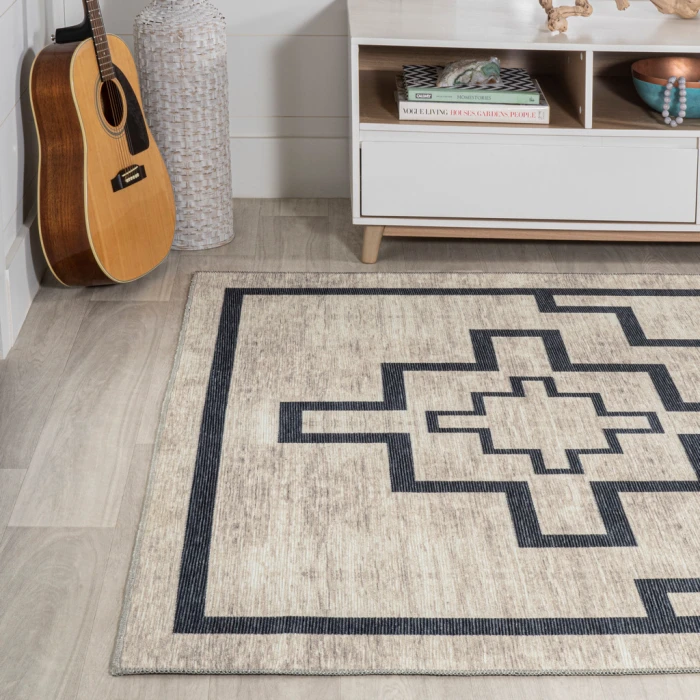 Ashkii Minimalist Medallion Machine-Washable Ivory/Dark Gray 5 ft. x 8 ft. Area Rug