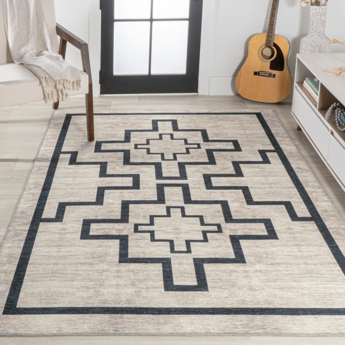 Ashkii Minimalist Medallion Machine-Washable Ivory/Dark Gray 5 ft. x 8 ft. Area Rug