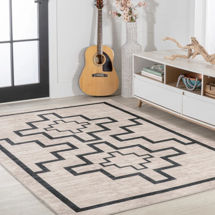Ashkii Minimalist Medallion Machine-Washable Ivory/Dark Gray 5 ft. x 8 ft. Area Rug