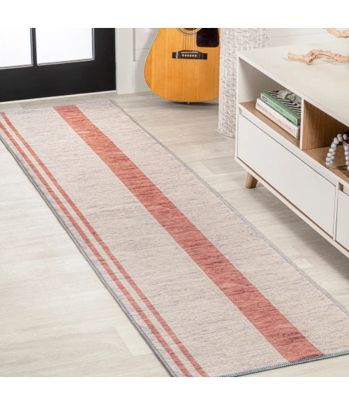 Raita Modern Distressed Stripe Machine-Washable Ivory/Peach 2 ft. x 8 ft. Runner Rug