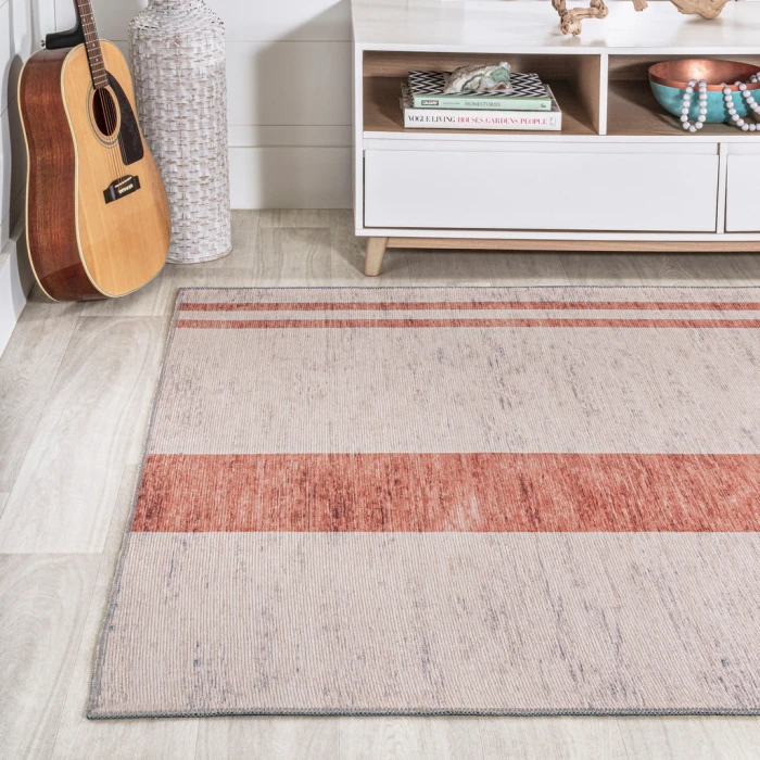 Raita Modern Distressed Stripe Machine-Washable Ivory/Peach 5 ft. x 8 ft. Area Rug