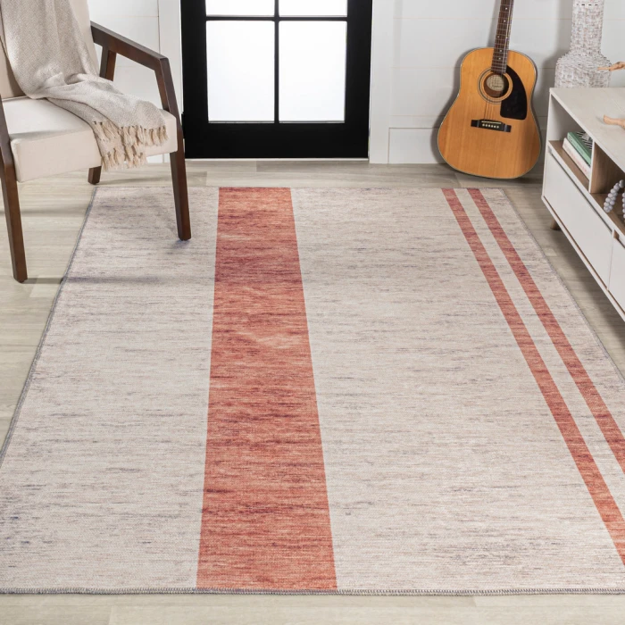 Raita Modern Distressed Stripe Machine-Washable Ivory/Peach 5 ft. x 8 ft. Area Rug