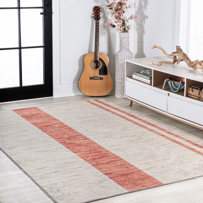 Raita Modern Distressed Stripe Machine-Washable Ivory/Peach 5 ft. x 8 ft. Area Rug