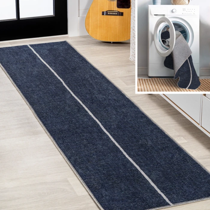 Linja Solid Centre Stripe Machine-Washable Navy/Gray 2 ft. x 8 ft. Runner Rug