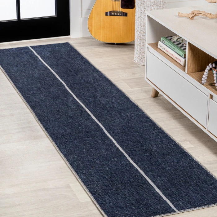 Linja Solid Centre Stripe Machine-Washable Navy/Gray 2 ft. x 8 ft. Runner Rug