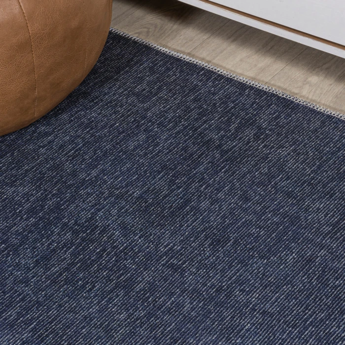 Linja Solid Centre Stripe Machine-Washable Navy/Gray 3 ft. x 5 ft. Area Rug