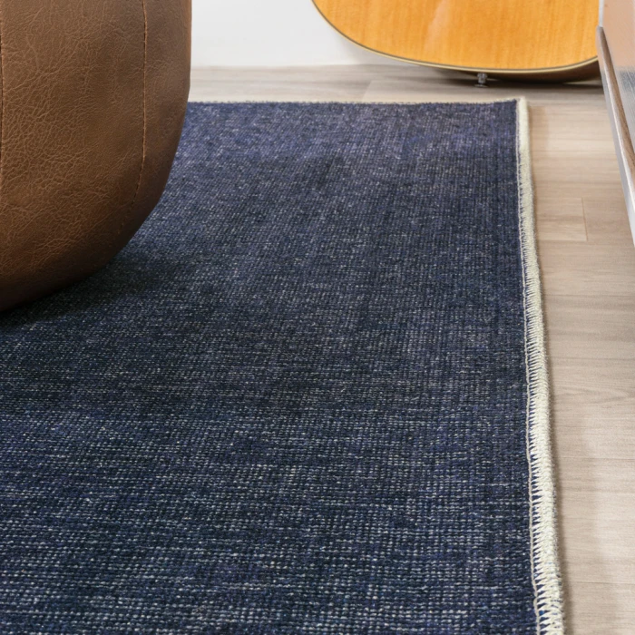 Linja Solid Centre Stripe Machine-Washable Navy/Gray 3 ft. x 5 ft. Area Rug
