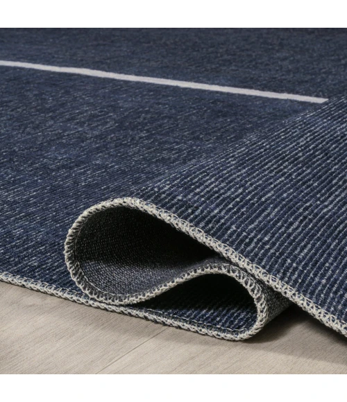 Linja Solid Centre Stripe Machine-Washable Navy/Gray 2 ft. x 8 ft. Runner Rug