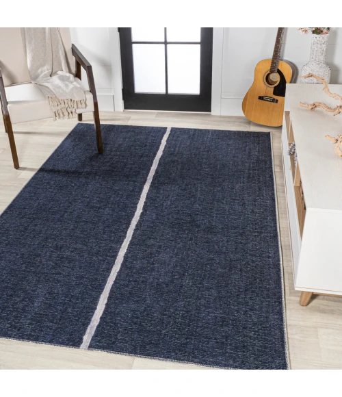 Linja Solid Centre Stripe Machine-Washable Navy/Gray 8 ft. x 10 ft. Area Rug