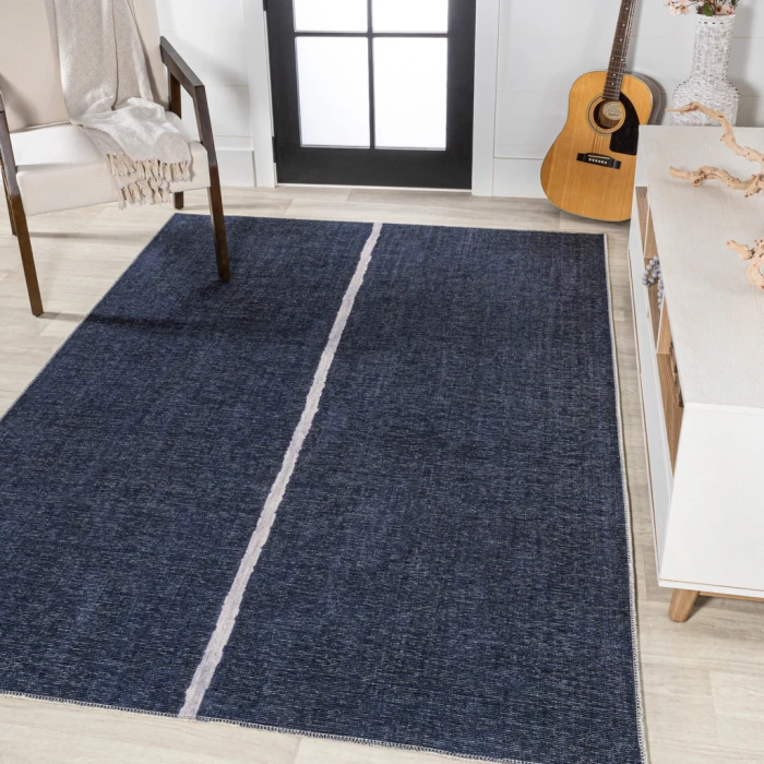 Linja Solid Centre Stripe Machine-Washable Navy/Gray 3 ft. x 5 ft. Area Rug