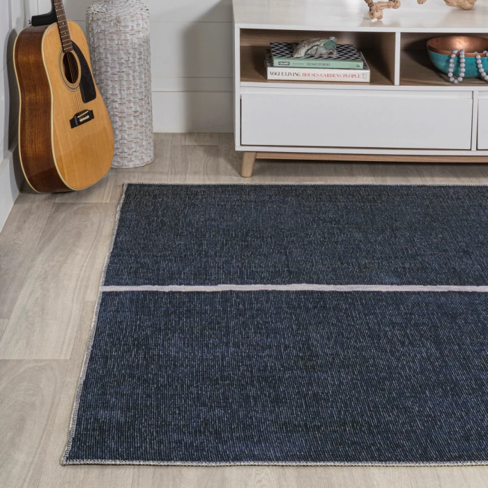 Linja Solid Centre Stripe Machine-Washable Navy/Gray 3 ft. x 5 ft. Area Rug