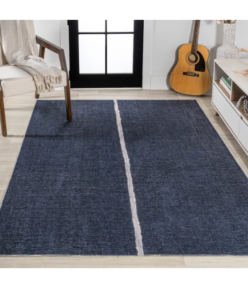 Linja Solid Centre Stripe Machine-Washable Navy/Gray 8 ft. x 10 ft. Area Rug
