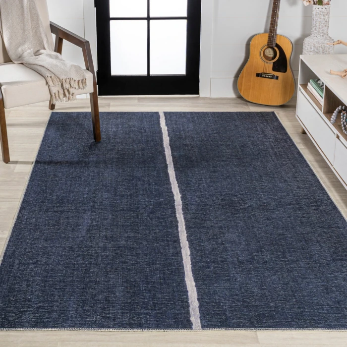 Linja Solid Centre Stripe Machine-Washable Navy/Gray 3 ft. x 5 ft. Area Rug