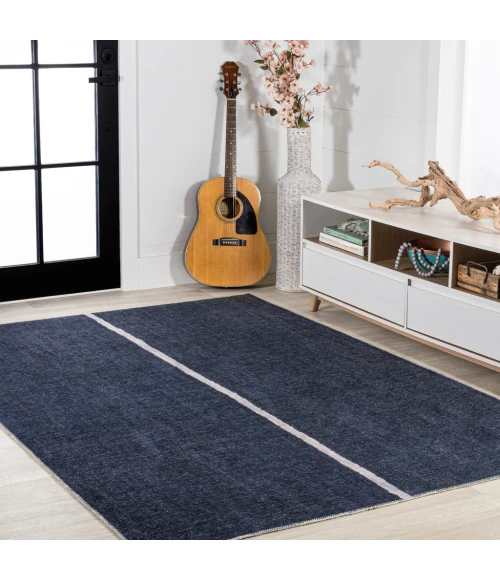 Linja Solid Centre Stripe Machine-Washable Navy/Gray 8 ft. x 10 ft. Area Rug