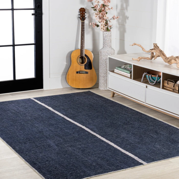 Linja Solid Centre Stripe Machine-Washable Navy/Gray 3 ft. x 5 ft. Area Rug