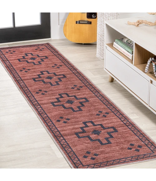 Korsa Geometric Medallion Machine-Washable Red/Dark Gray 2 ft. x 8 ft. Runner Rug
