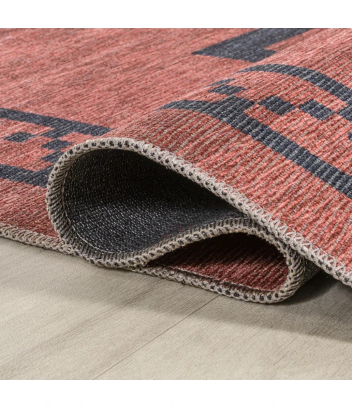 Korsa Geometric Medallion Machine-Washable Red/Dark Gray 2 ft. x 8 ft. Runner Rug