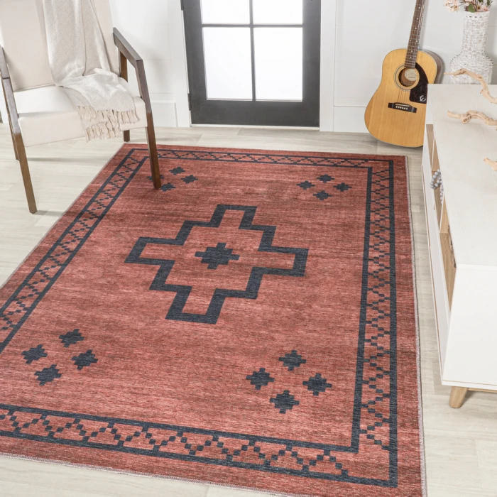 Korsa Geometric Medallion Machine-Washable Red/Dark Gray 4 ft. x 6 ft. Area Rug