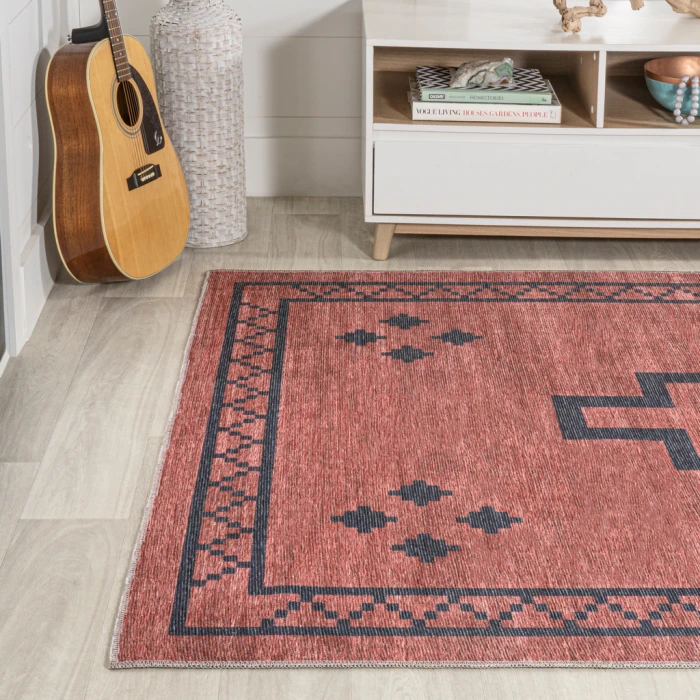 Korsa Geometric Medallion Machine-Washable Red/Dark Gray 4 ft. x 6 ft. Area Rug