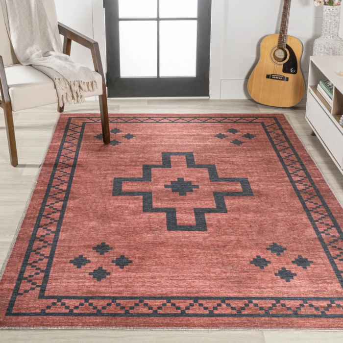 Korsa Geometric Medallion Machine-Washable Red/Dark Gray 4 ft. x 6 ft. Area Rug