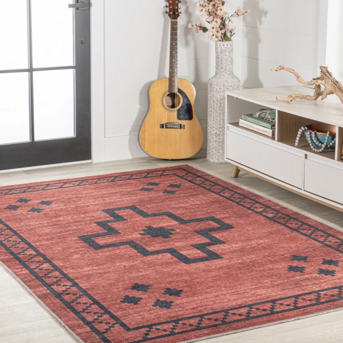 Korsa Geometric Medallion Machine-Washable Red/Dark Gray 4 ft. x 6 ft. Area Rug