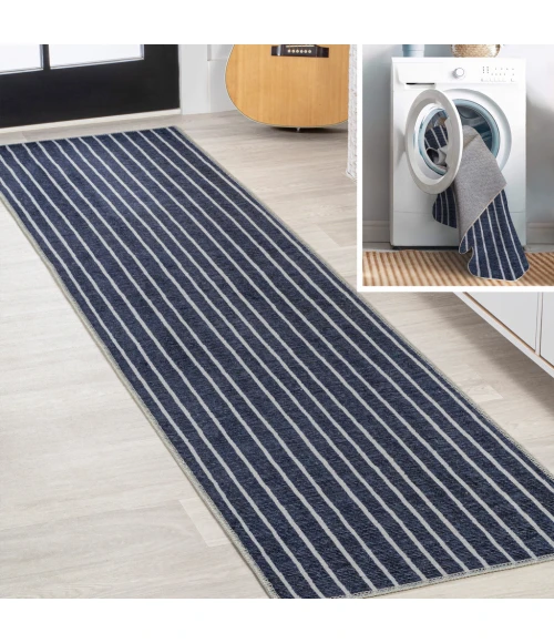 Rand Distressed Ticking Stripe Machine-Washable Navy/Gray 2 ft. x 8 ft. Runner Rug