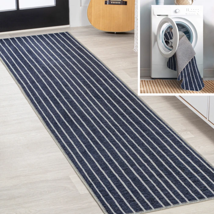 Rand Distressed Ticking Stripe Machine-Washable Navy/Gray 2 ft. x 8 ft. Runner Rug