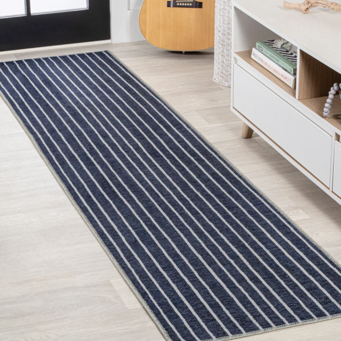 Rand Distressed Ticking Stripe Machine-Washable Navy/Gray 2 ft. x 8 ft. Runner Rug