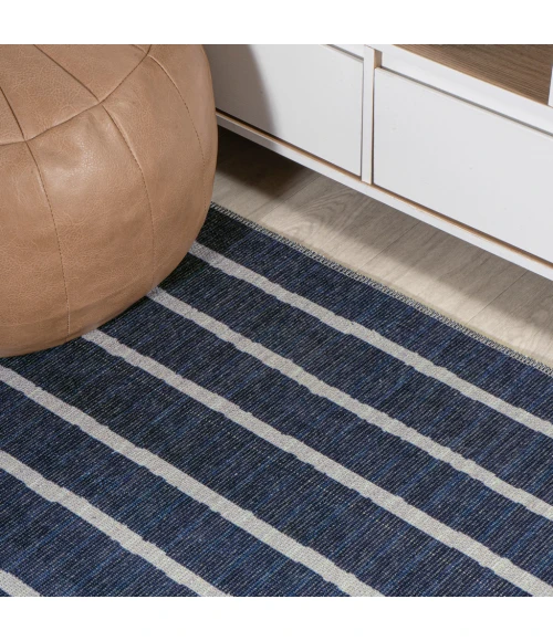 Rand Distressed Ticking Stripe Machine-Washable Navy/Gray 4 ft. x 6 ft. Area Rug