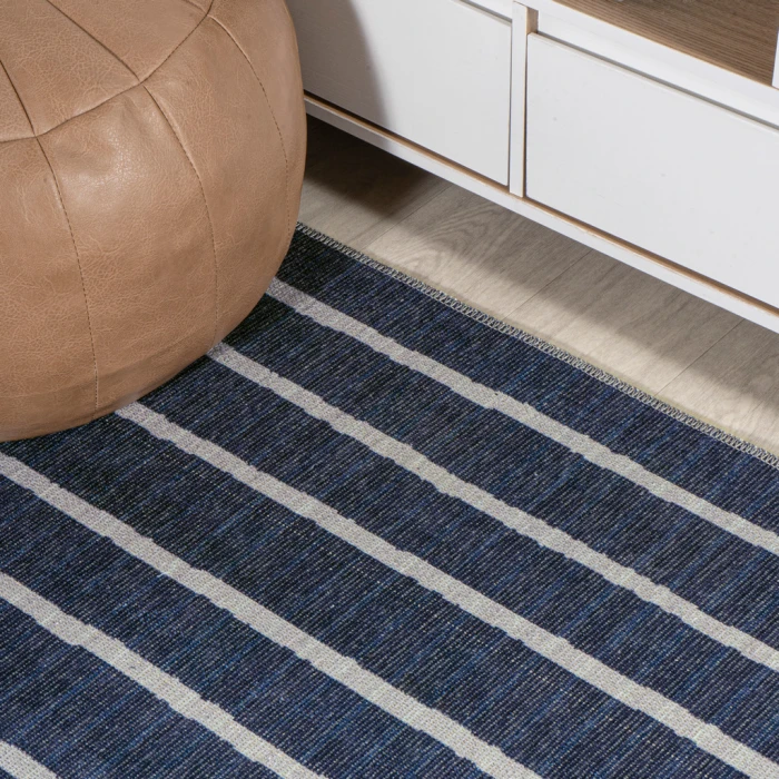 Rand Distressed Ticking Stripe Machine-Washable Navy/Gray 8 ft. x 10 ft. Area Rug