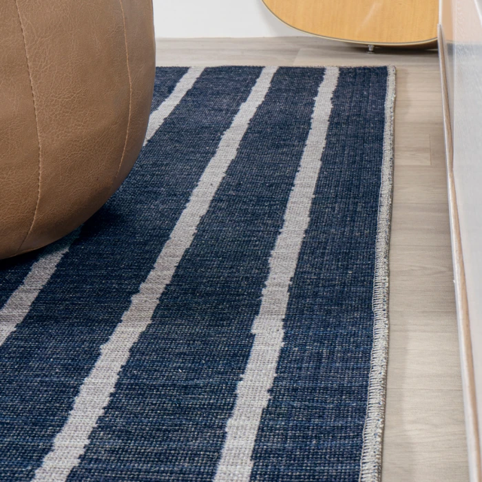 Rand Distressed Ticking Stripe Machine-Washable Navy/Gray 8 ft. x 10 ft. Area Rug