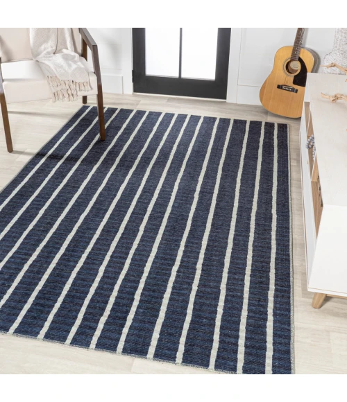 Rand Distressed Ticking Stripe Machine-Washable Navy/Gray 4 ft. x 6 ft. Area Rug