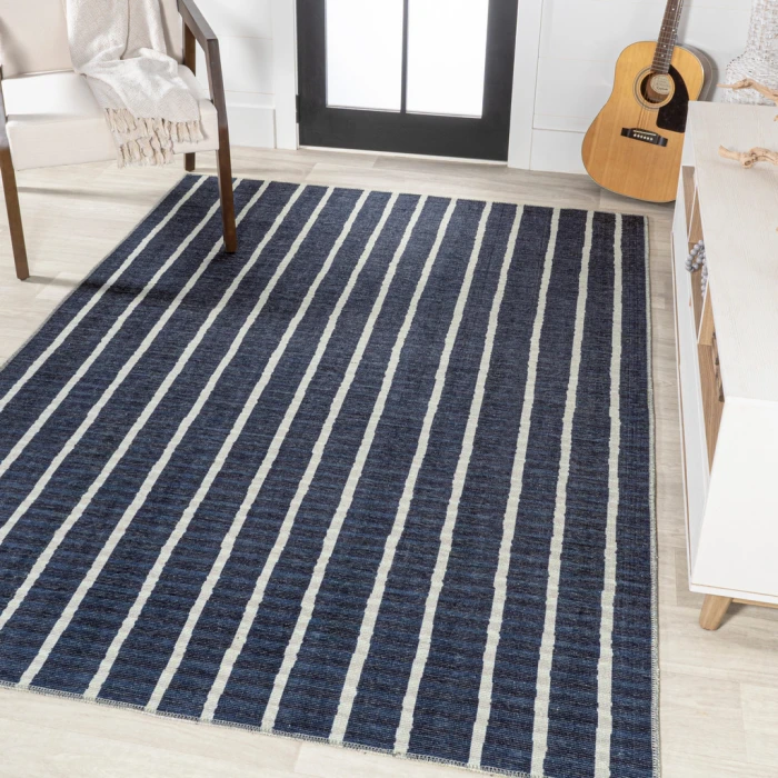 Rand Distressed Ticking Stripe Machine-Washable Navy/Gray 8 ft. x 10 ft. Area Rug