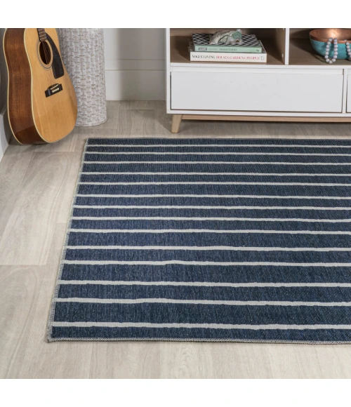 Rand Distressed Ticking Stripe Machine-Washable Navy/Gray 4 ft. x 6 ft. Area Rug