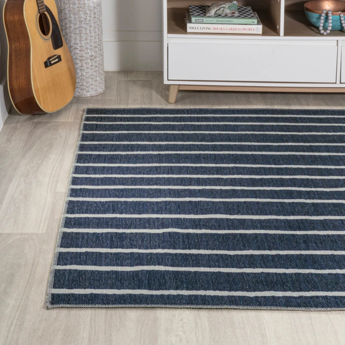 Rand Distressed Ticking Stripe Machine-Washable Navy/Gray 8 ft. x 10 ft. Area Rug