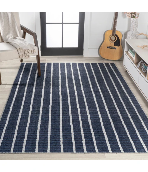 Rand Distressed Ticking Stripe Machine-Washable Navy/Gray 4 ft. x 6 ft. Area Rug