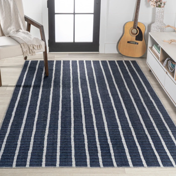Rand Distressed Ticking Stripe Machine-Washable Navy/Gray 8 ft. x 10 ft. Area Rug