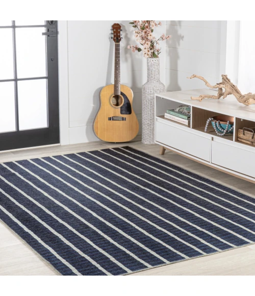 Rand Distressed Ticking Stripe Machine-Washable Navy/Gray 4 ft. x 6 ft. Area Rug
