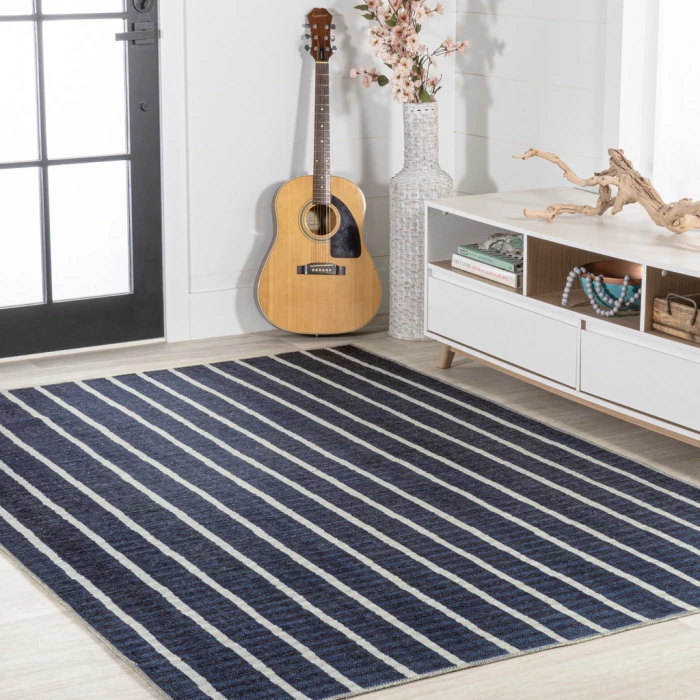 Rand Distressed Ticking Stripe Machine-Washable Navy/Gray 8 ft. x 10 ft. Area Rug